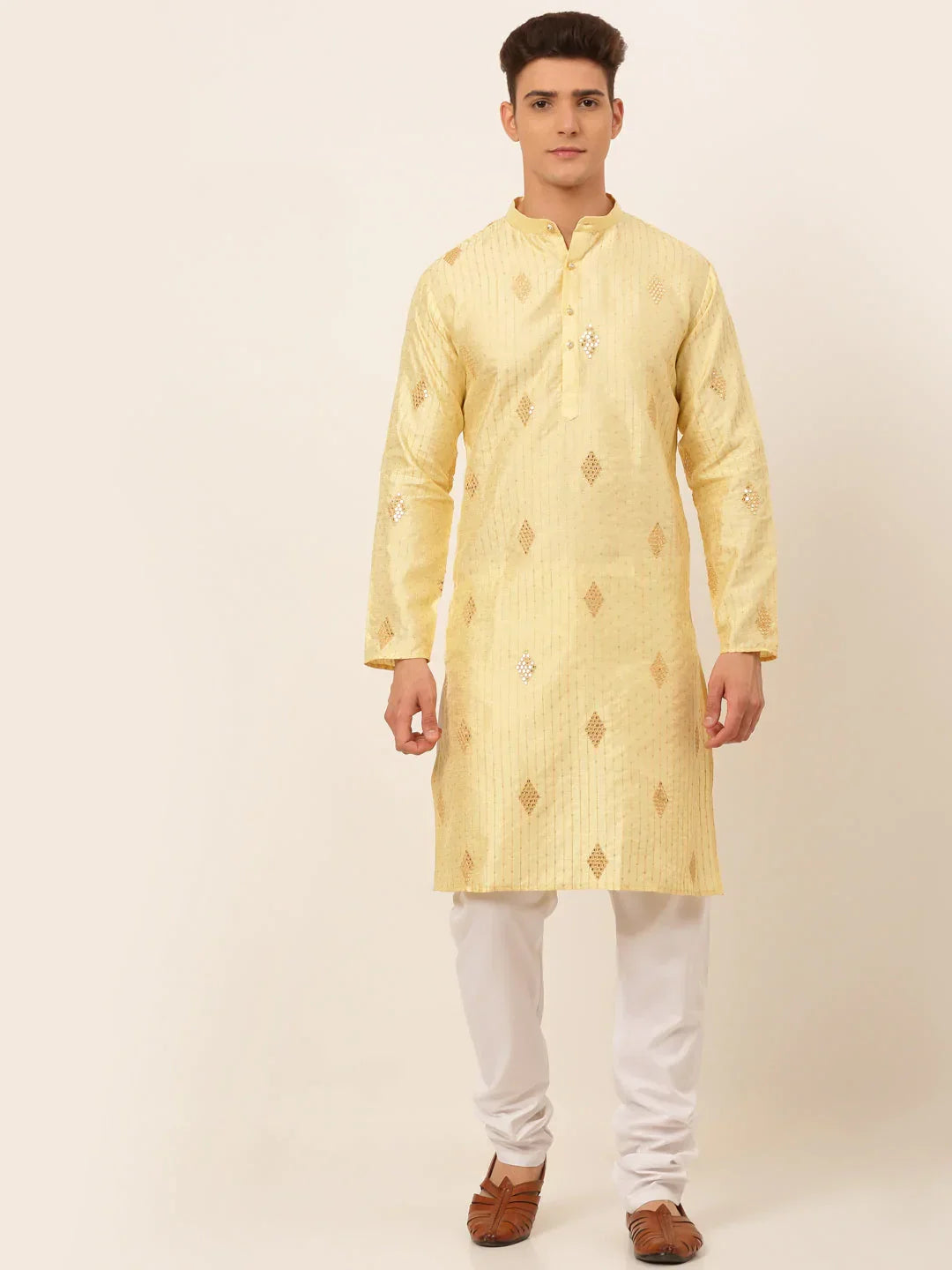 Jompers Men's Golden Embroidered Sequinned Kurta with Churidar | Grocsy