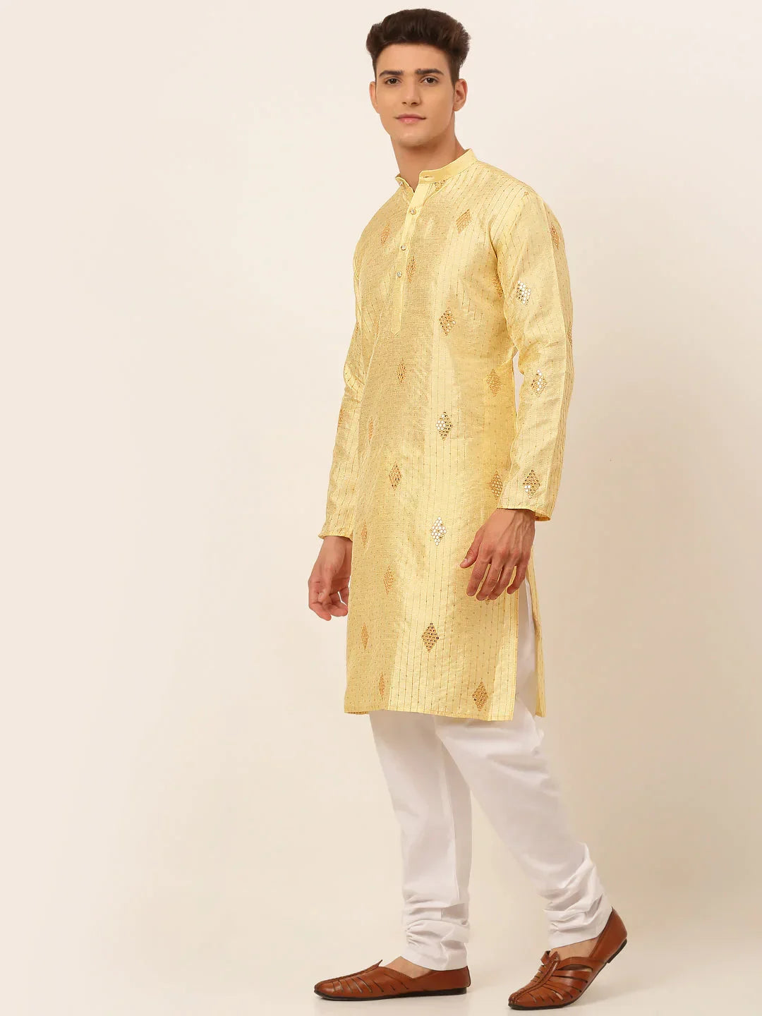 Jompers Men's Golden Embroidered Sequinned Kurta with Churidar | Grocsy