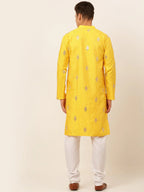 Jompers Men's Mustard Yellow Embroidered Sequinned Kurta with Churidar | Grocsy