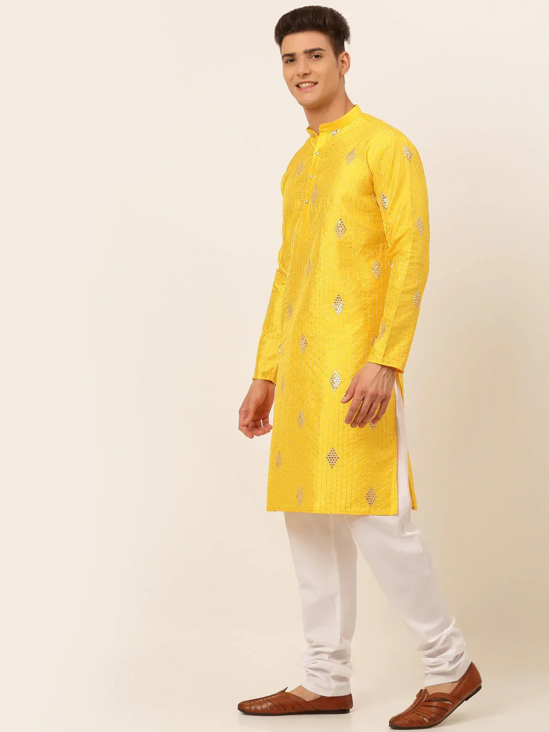 Jompers Men's Mustard Yellow Embroidered Sequinned Kurta with Churidar | Grocsy