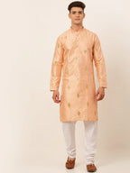 Jompers Men's Peach Embroidered Sequinned Kurta with Churidar | Grocsy