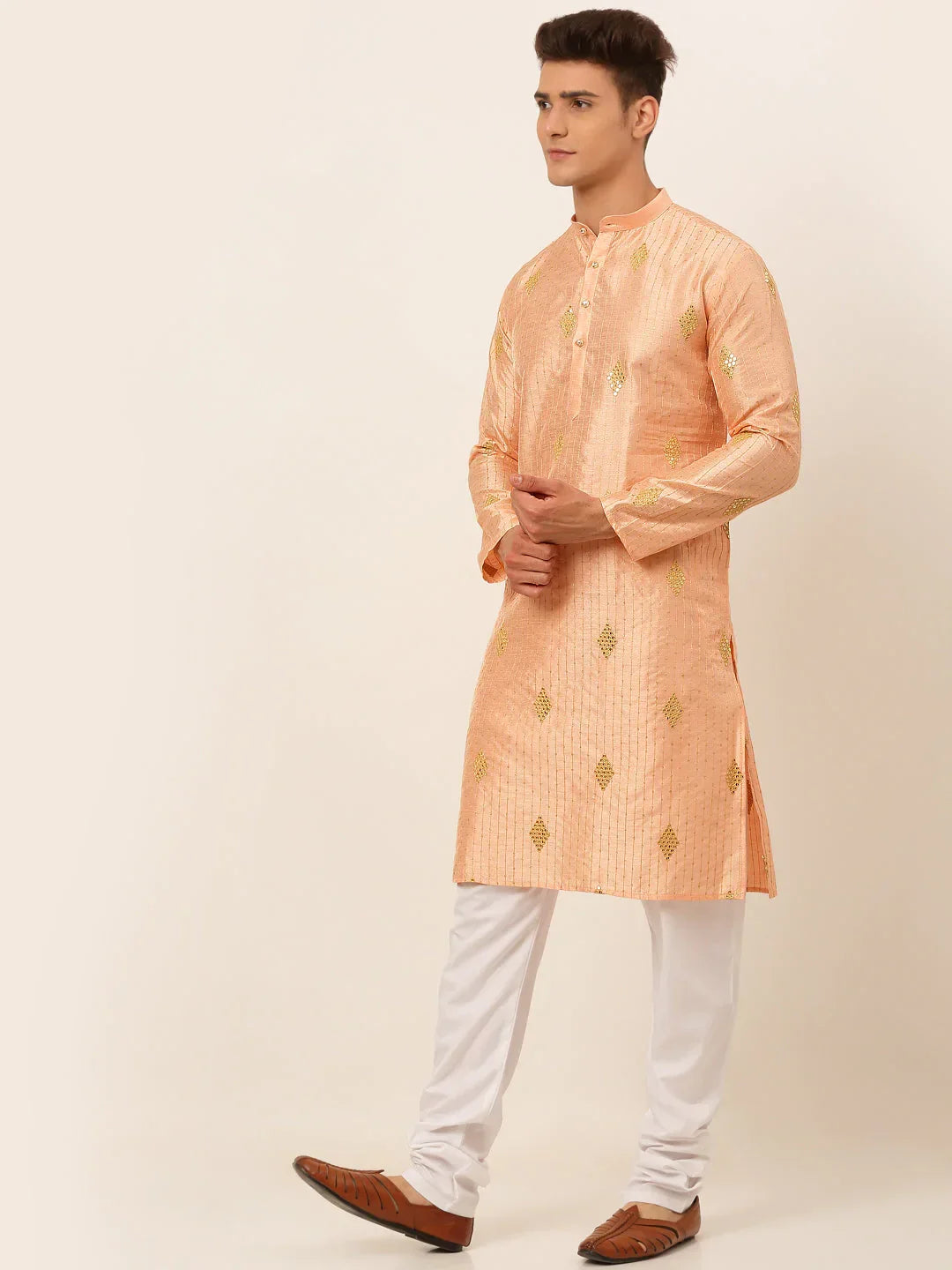 Jompers Men's Peach Embroidered Sequinned Kurta with Churidar | Grocsy