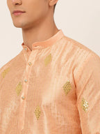 Jompers Men's Peach Embroidered Sequinned Kurta with Churidar | Grocsy