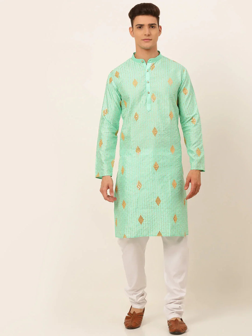 Jompers Men's Sky Blue Embroidered Sequinned Kurta with Churidar | Grocsy