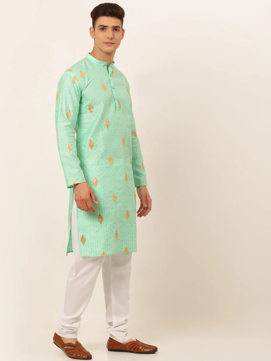 Jompers Men's Sky Blue Embroidered Sequinned Kurta with Churidar | Grocsy