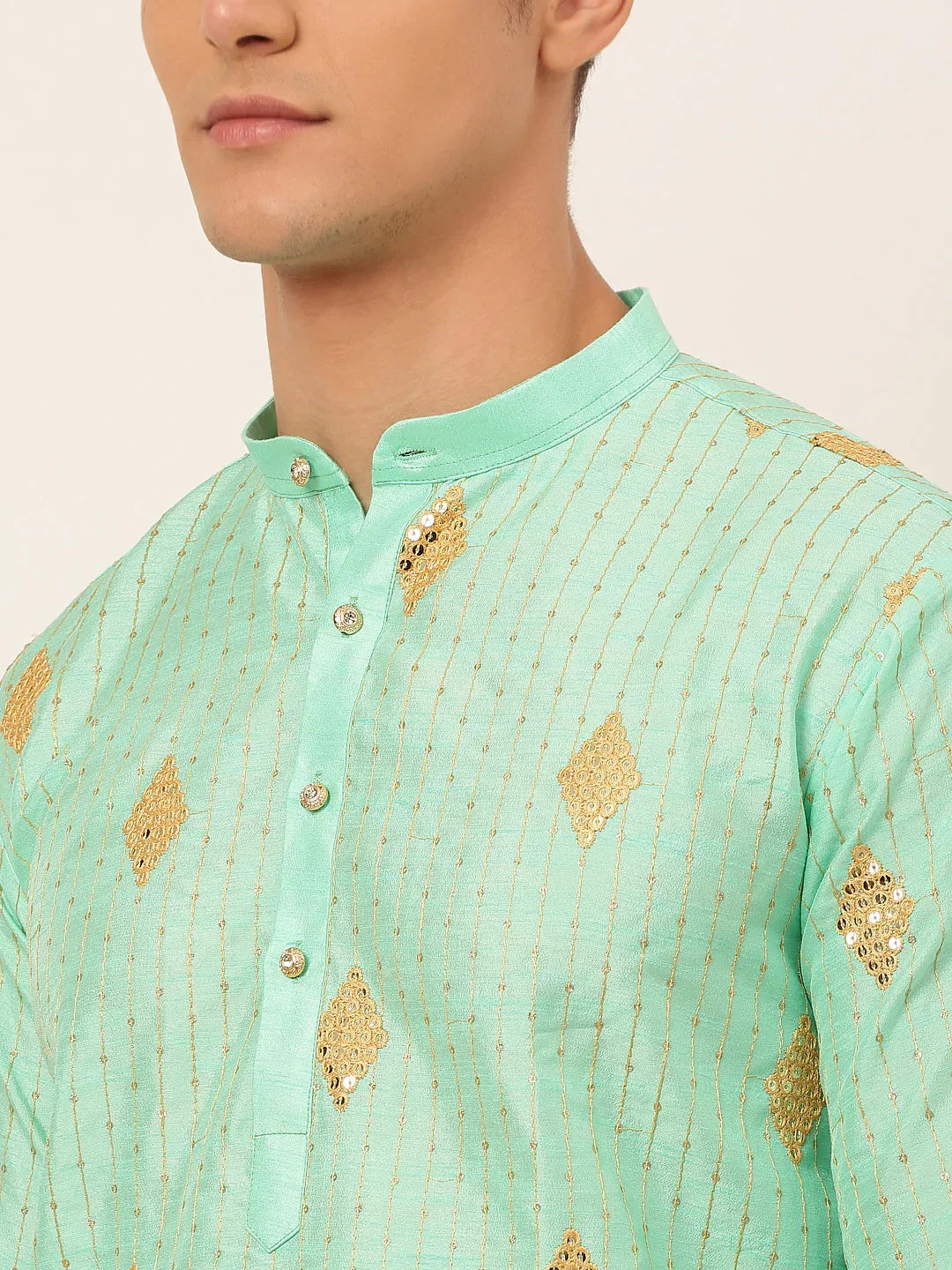 Jompers Men's Sky Blue Embroidered Sequinned Kurta with Churidar | Grocsy