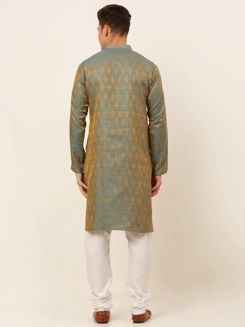 Jompers Men's Blue and Golden Woven Design Kurta Pajama | Grocsy