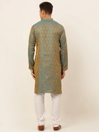 Jompers Men's Blue and Golden Woven Design Kurta Pajama | Grocsy