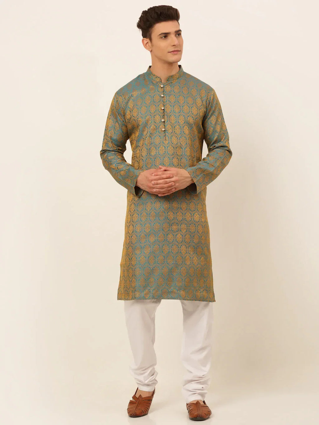 Jompers Men's Blue and Golden Woven Design Kurta Pajama | Grocsy