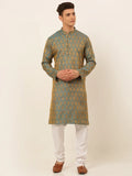 Jompers Men's Blue and Golden Woven Design Kurta Pajama | Grocsy