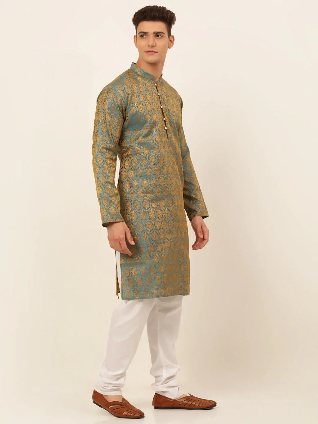 Jompers Men's Blue and Golden Woven Design Kurta Pajama | Grocsy