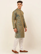 Jompers Men's Blue and Golden Woven Design Kurta Pajama | Grocsy