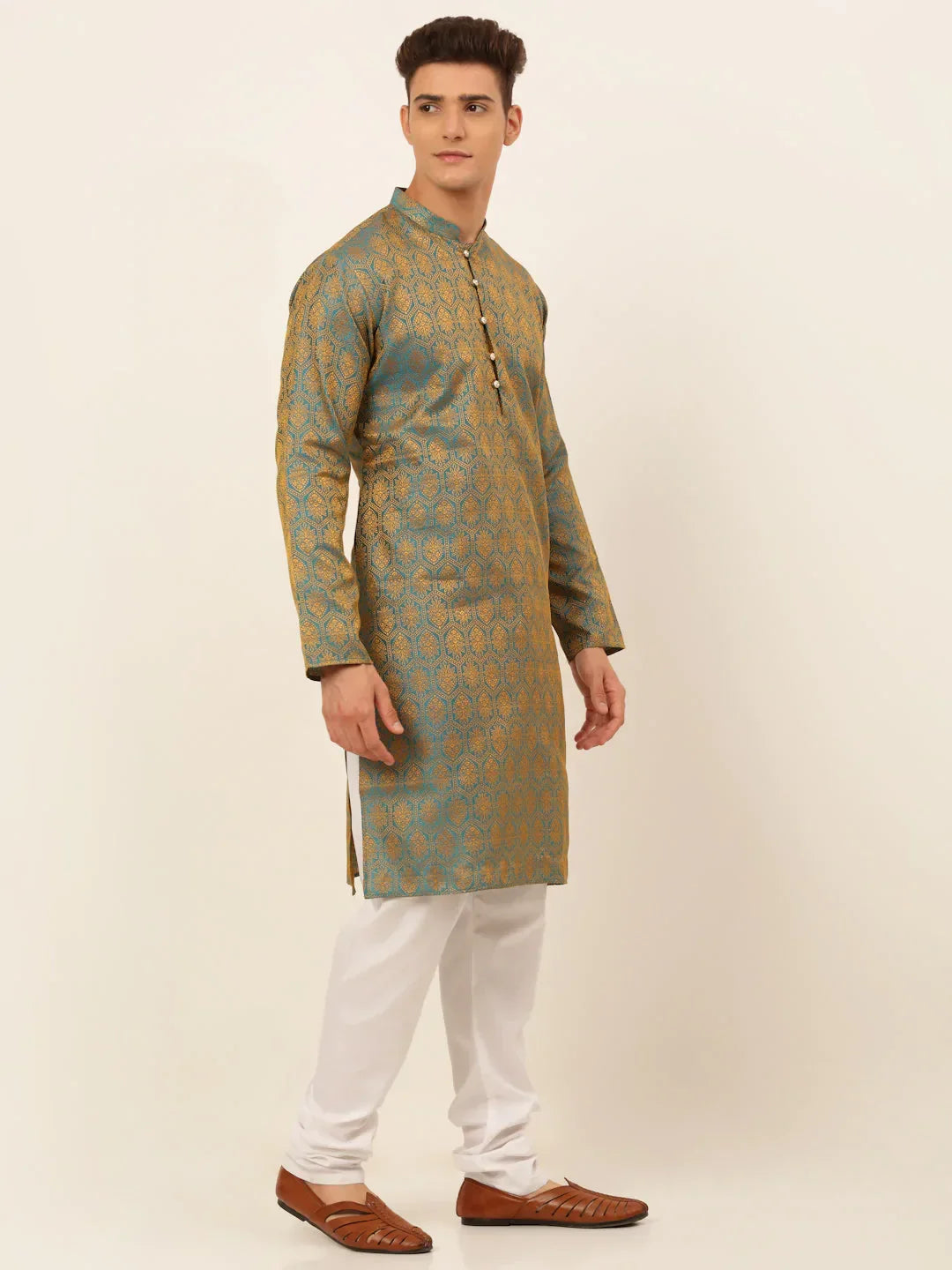 Jompers Men's Blue and Golden Woven Design Kurta Pajama | Grocsy