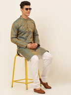 Jompers Men's Blue and Golden Woven Design Kurta Pajama | Grocsy