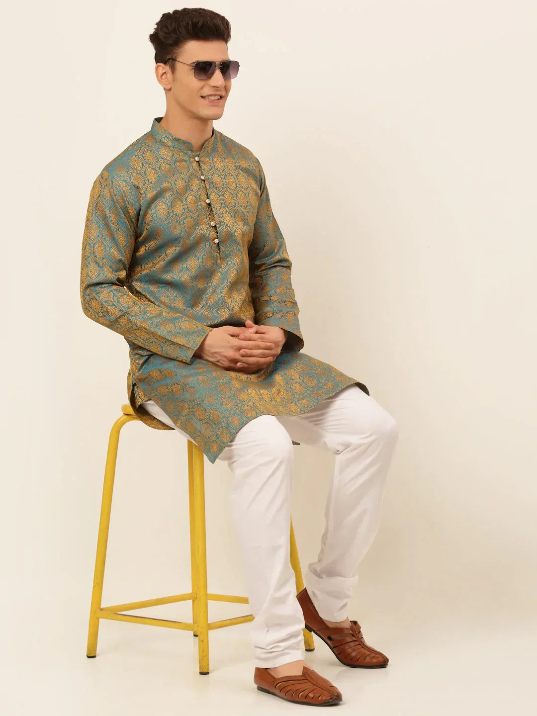 Jompers Men's Blue and Golden Woven Design Kurta Pajama | Grocsy