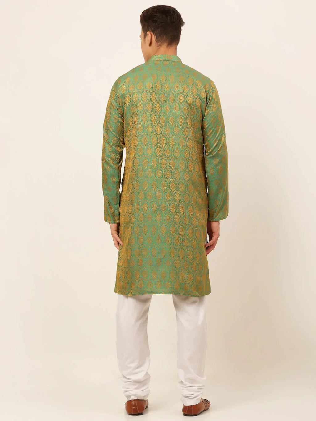 Jompers Men's Green and Golden Woven Design Kurta Pajama | Grocsy