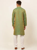 Jompers Men's Green and Golden Woven Design Kurta Pajama | Grocsy