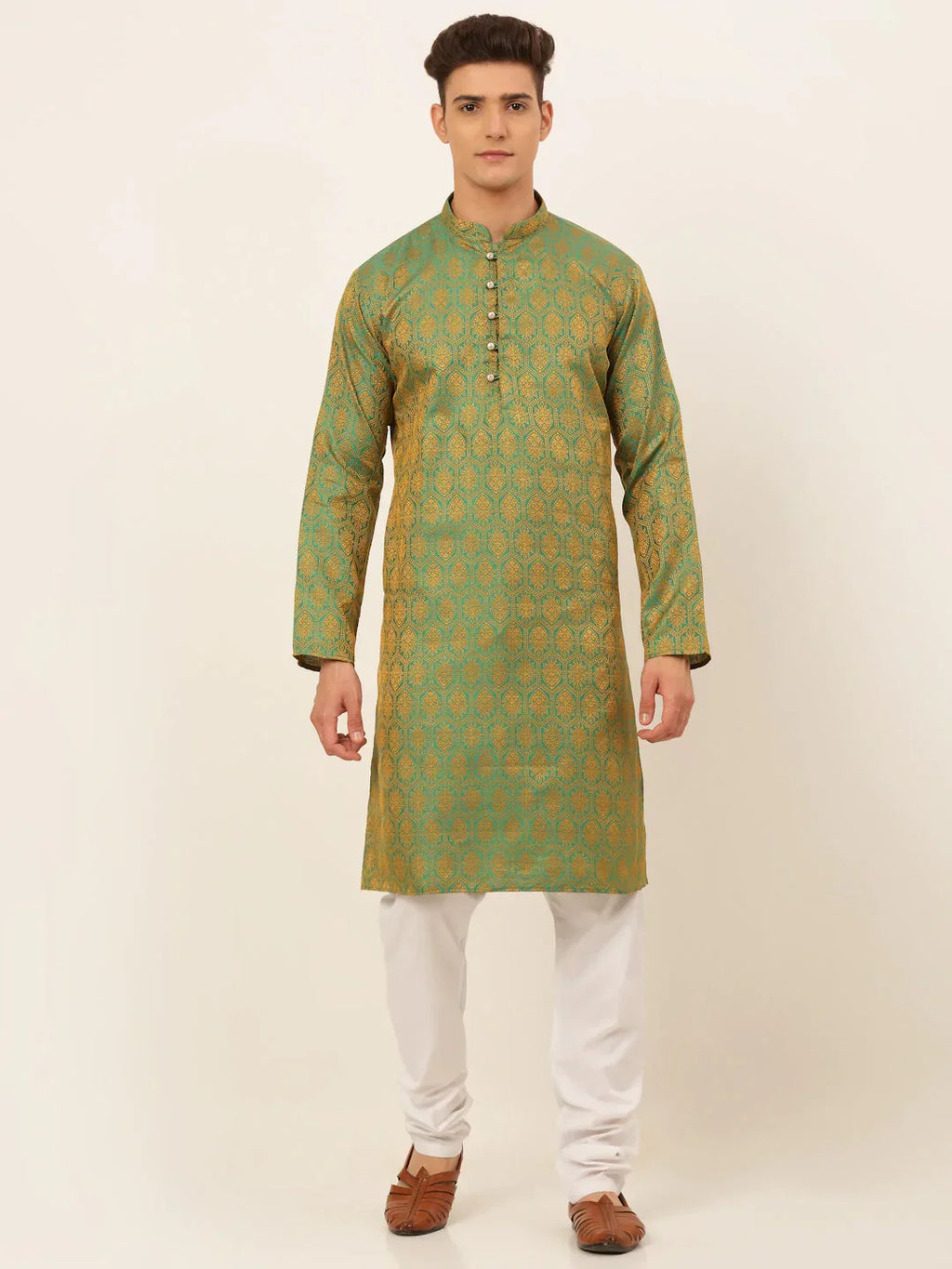 Jompers Men's Green and Golden Woven Design Kurta Pajama | Grocsy