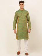 Jompers Men's Green and Golden Woven Design Kurta Pajama | Grocsy