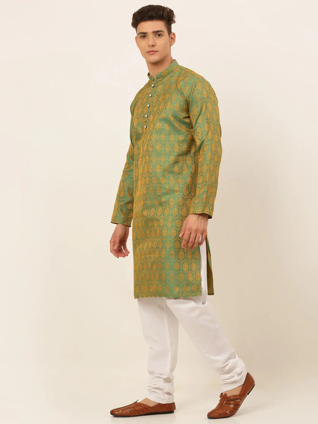 Jompers Men's Green and Golden Woven Design Kurta Pajama | Grocsy