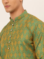 Jompers Men's Green and Golden Woven Design Kurta Pajama | Grocsy