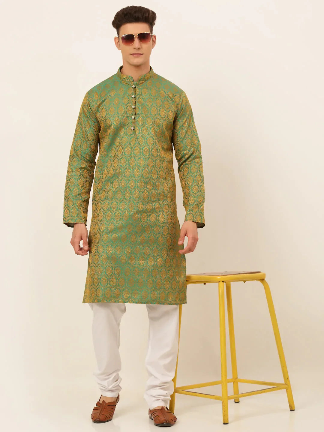Jompers Men's Green and Golden Woven Design Kurta Pajama | Grocsy