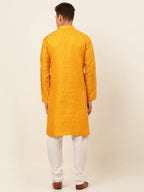 Jompers Men's Mustard and Golden Woven Design Kurta Pajama | Grocsy