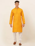 Jompers Men's Mustard and Golden Woven Design Kurta Pajama | Grocsy