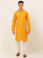 Jompers Men's Mustard and Golden Woven Design Kurta Pajama | Grocsy