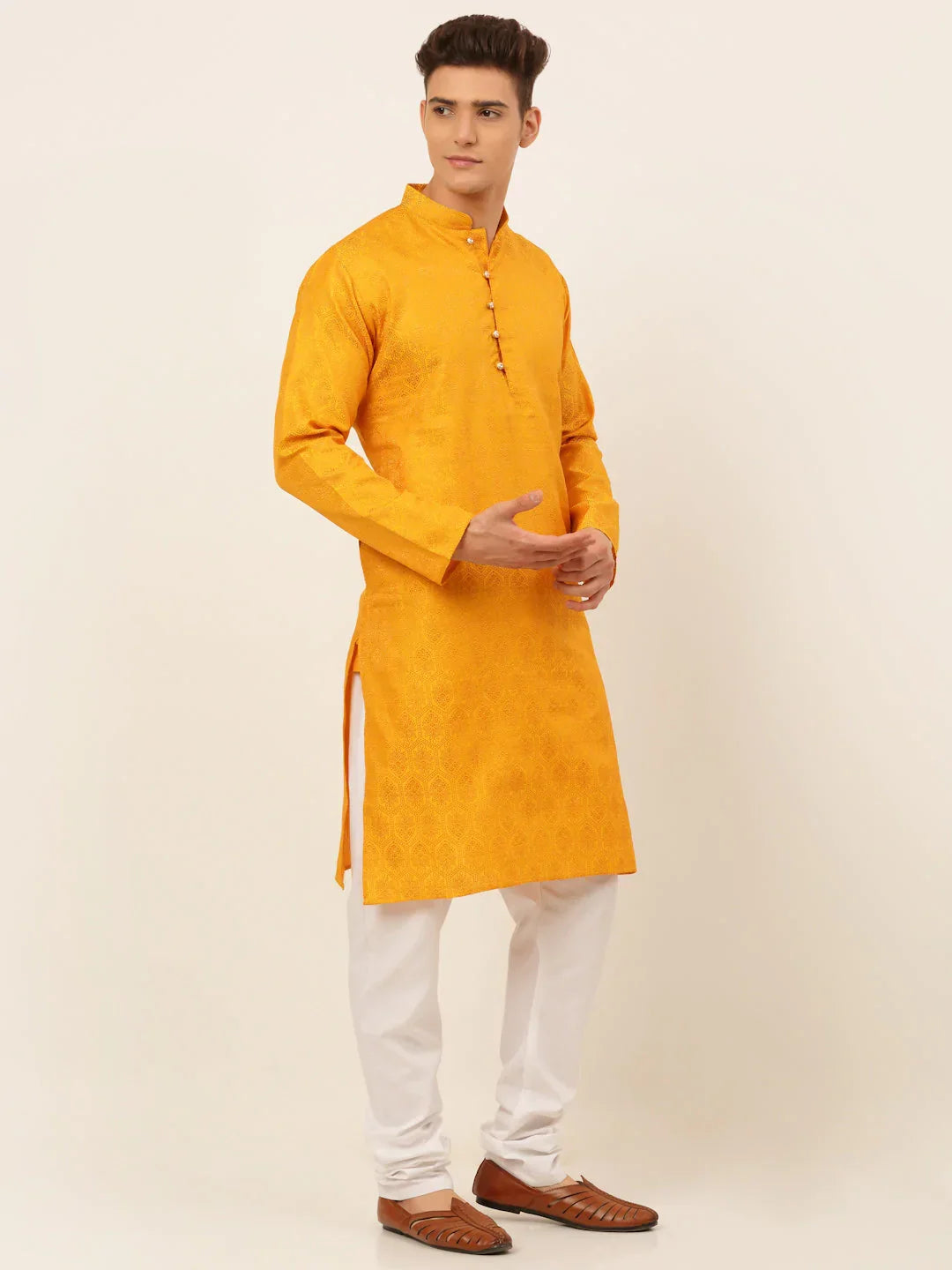 Jompers Men's Mustard and Golden Woven Design Kurta Pajama | Grocsy