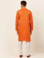 Jompers Men's Orange and Golden Woven Design Kurta Pajama | Grocsy