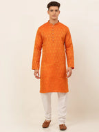 Jompers Men's Orange and Golden Woven Design Kurta Pajama | Grocsy