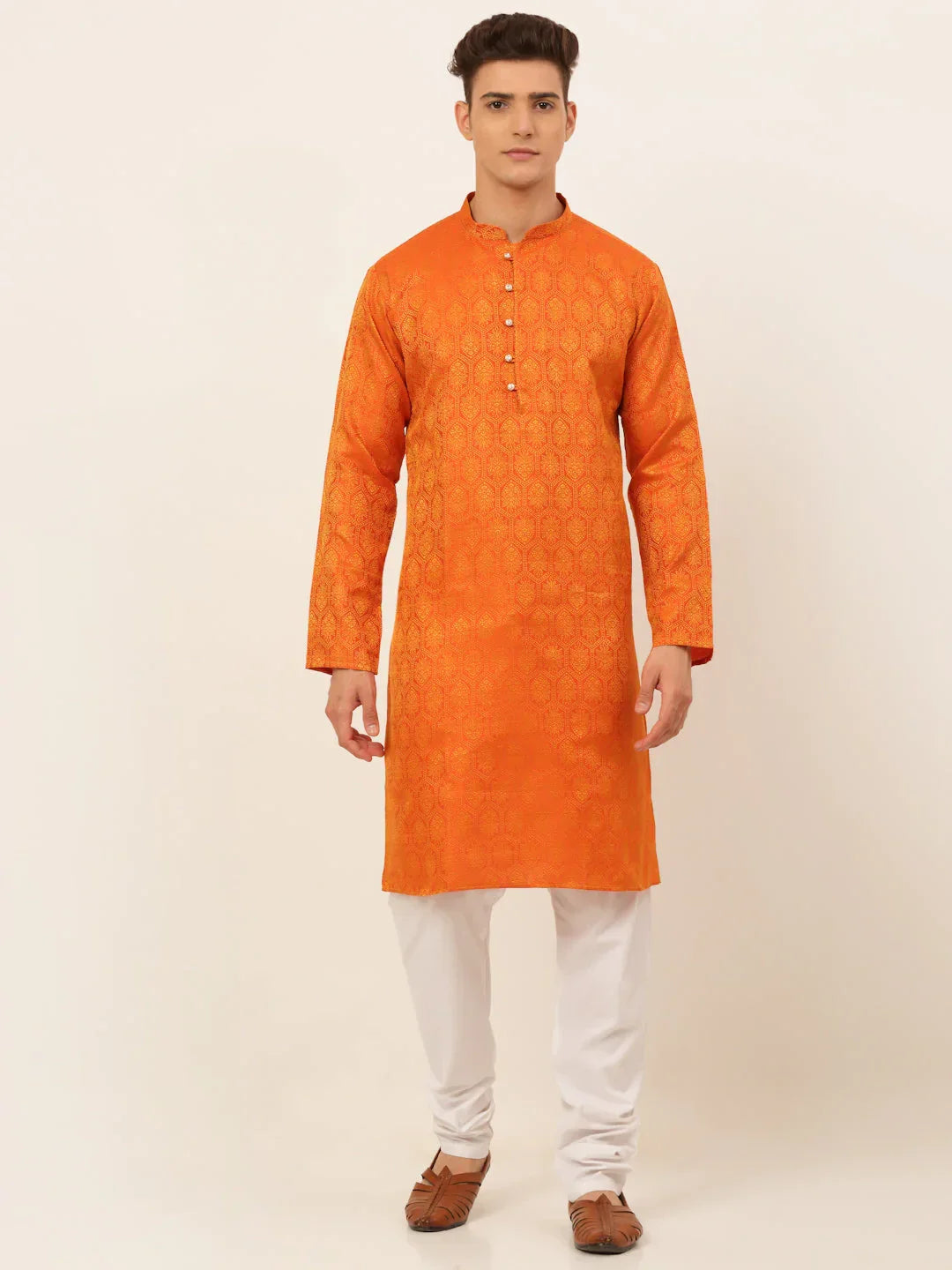 Jompers Men's Orange and Golden Woven Design Kurta Pajama | Grocsy