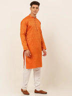 Jompers Men's Orange and Golden Woven Design Kurta Pajama | Grocsy