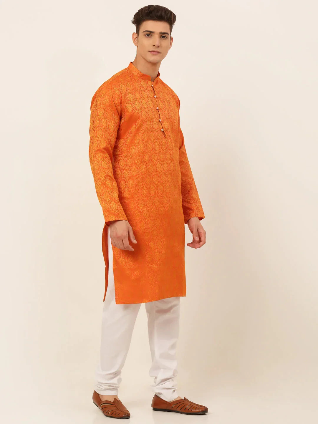 Jompers Men's Orange and Golden Woven Design Kurta Pajama | Grocsy