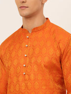 Jompers Men's Orange and Golden Woven Design Kurta Pajama | Grocsy