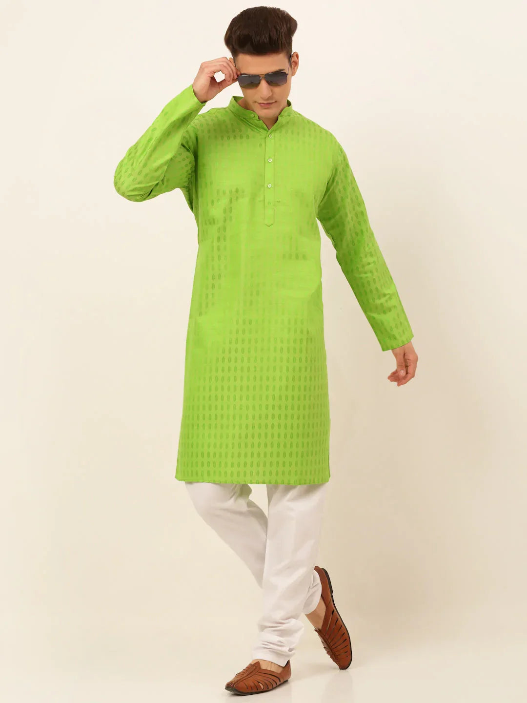 Jompers Men's Green Woven Design Kurta Pajama | Grocsy