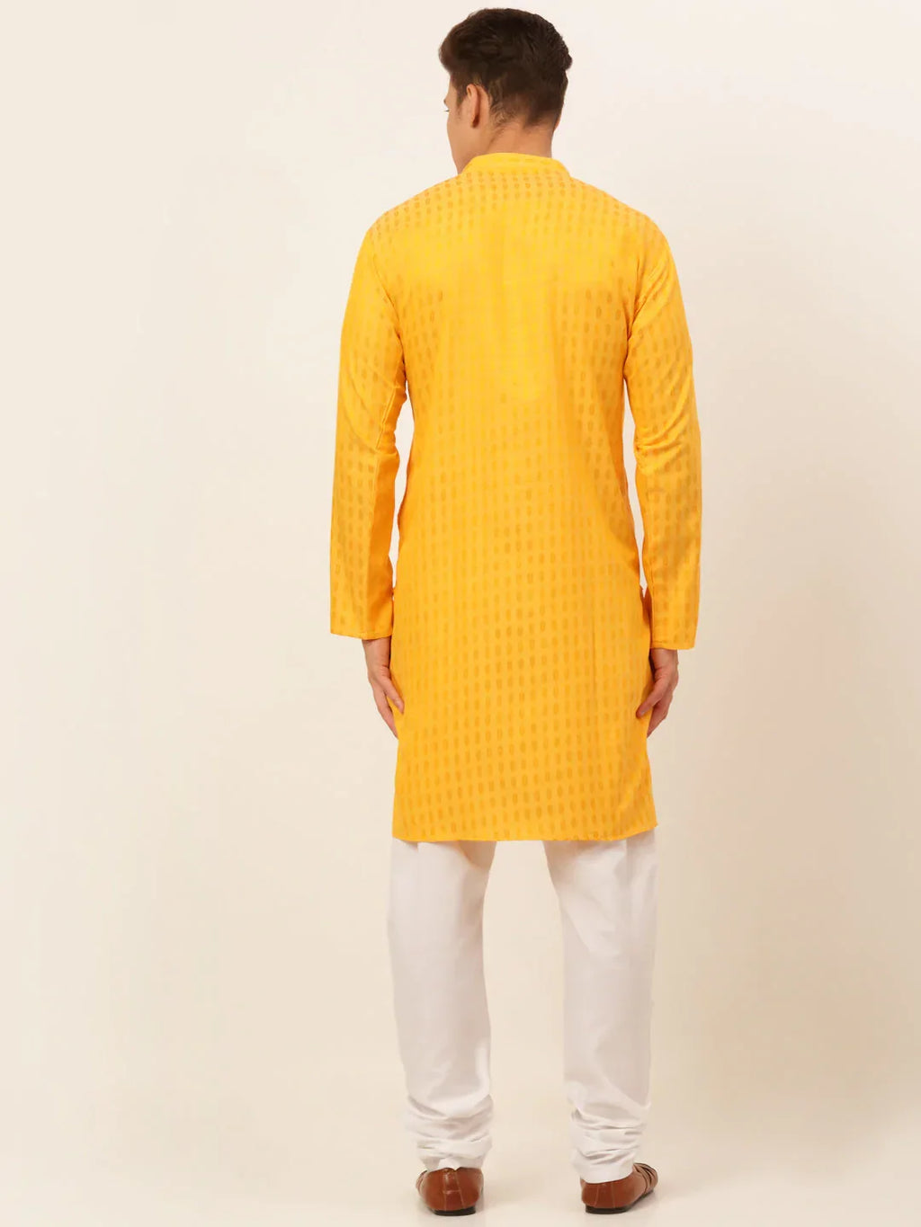 Jompers Men's Mustard Woven Design Kurta Pajama | Grocsy