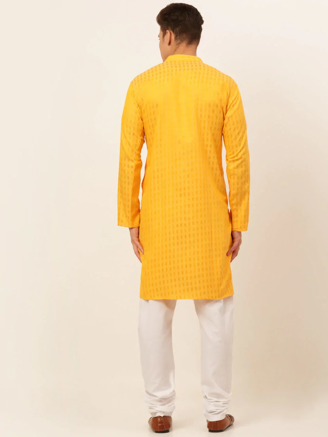 Jompers Men's Mustard Woven Design Kurta Pajama | Grocsy