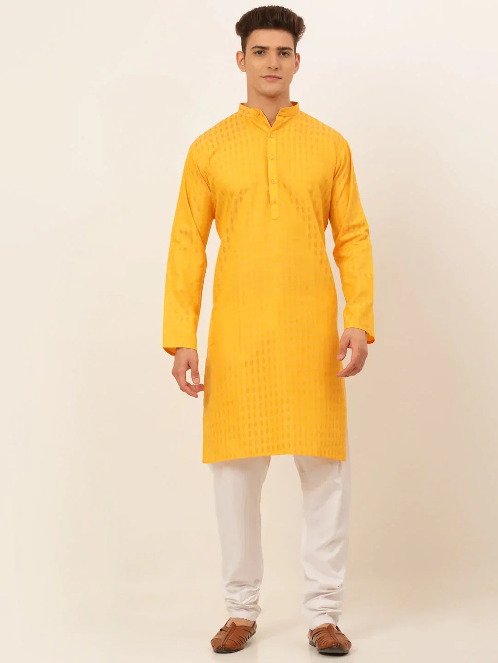 Jompers Men's Mustard Woven Design Kurta Pajama | Grocsy