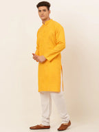 Jompers Men's Mustard Woven Design Kurta Pajama | Grocsy