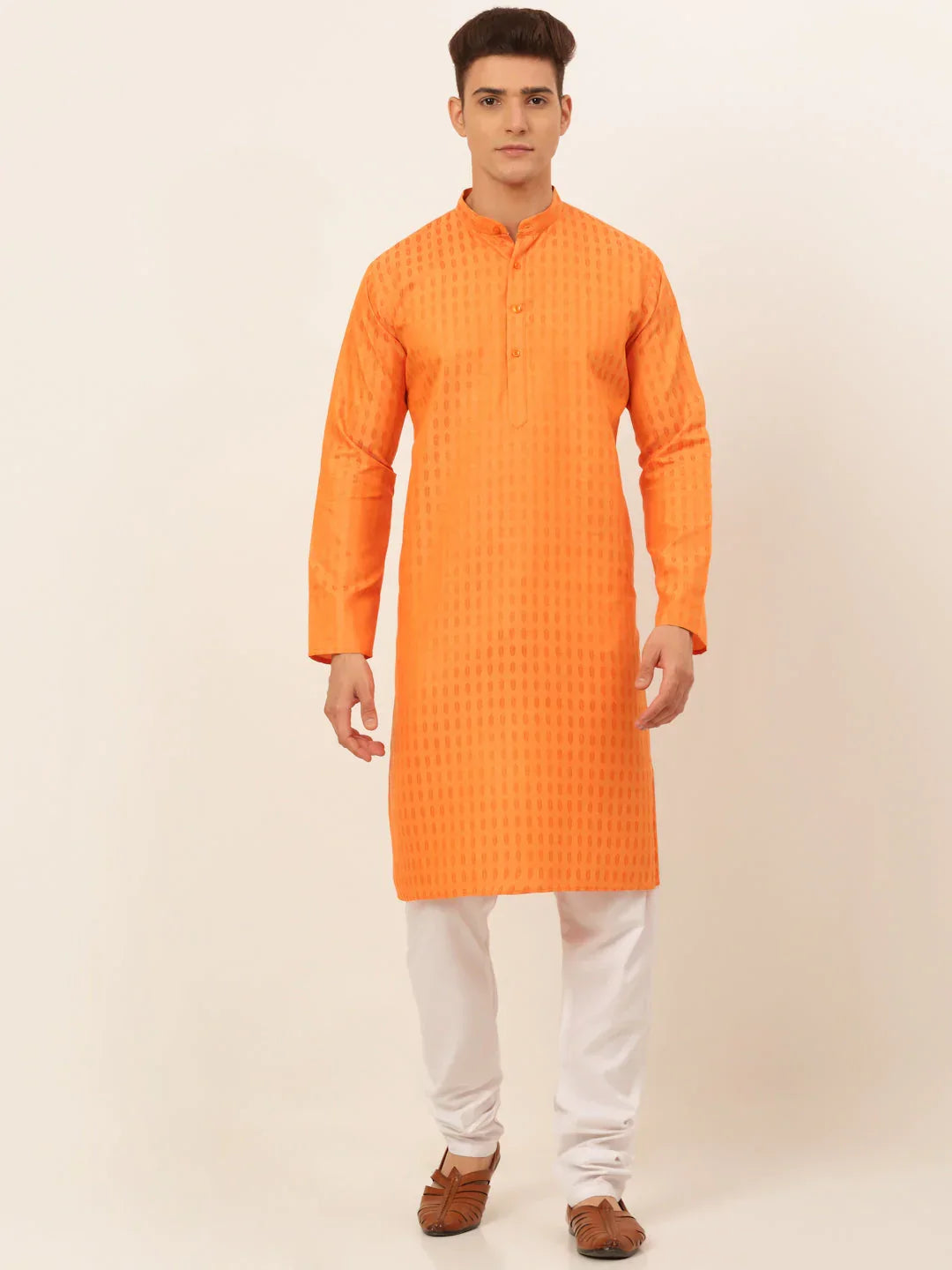 Jompers Men's Orange Woven Design Kurta Pajama | Grocsy