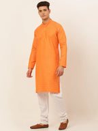 Jompers Men's Orange Woven Design Kurta Pajama | Grocsy
