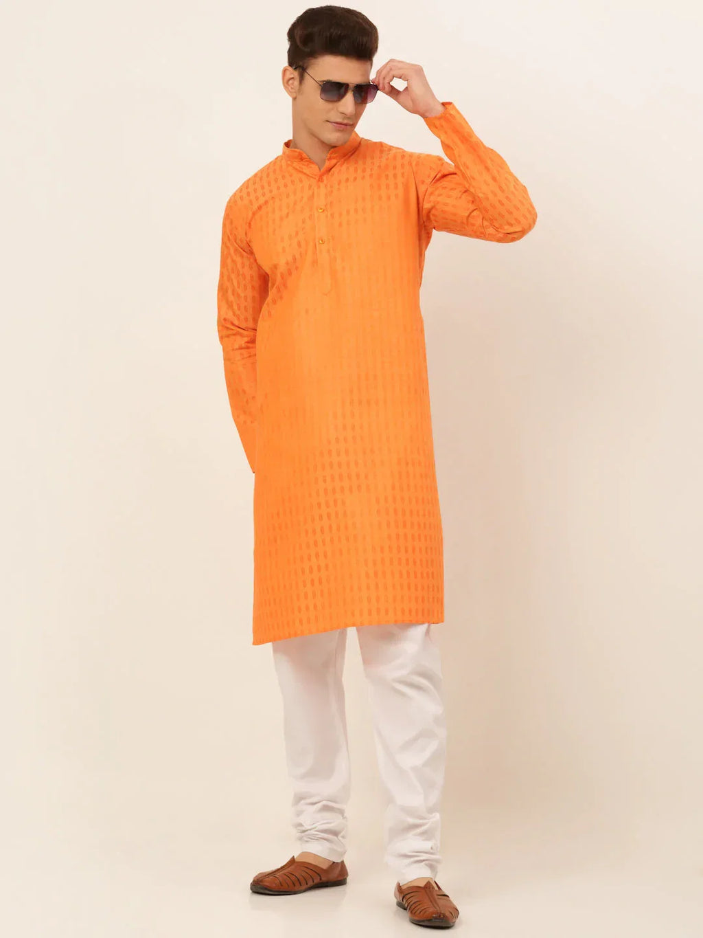 Jompers Men's Orange Woven Design Kurta Pajama | Grocsy