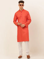 Jompers Men's Red Woven Design Kurta Pajama | Grocsy