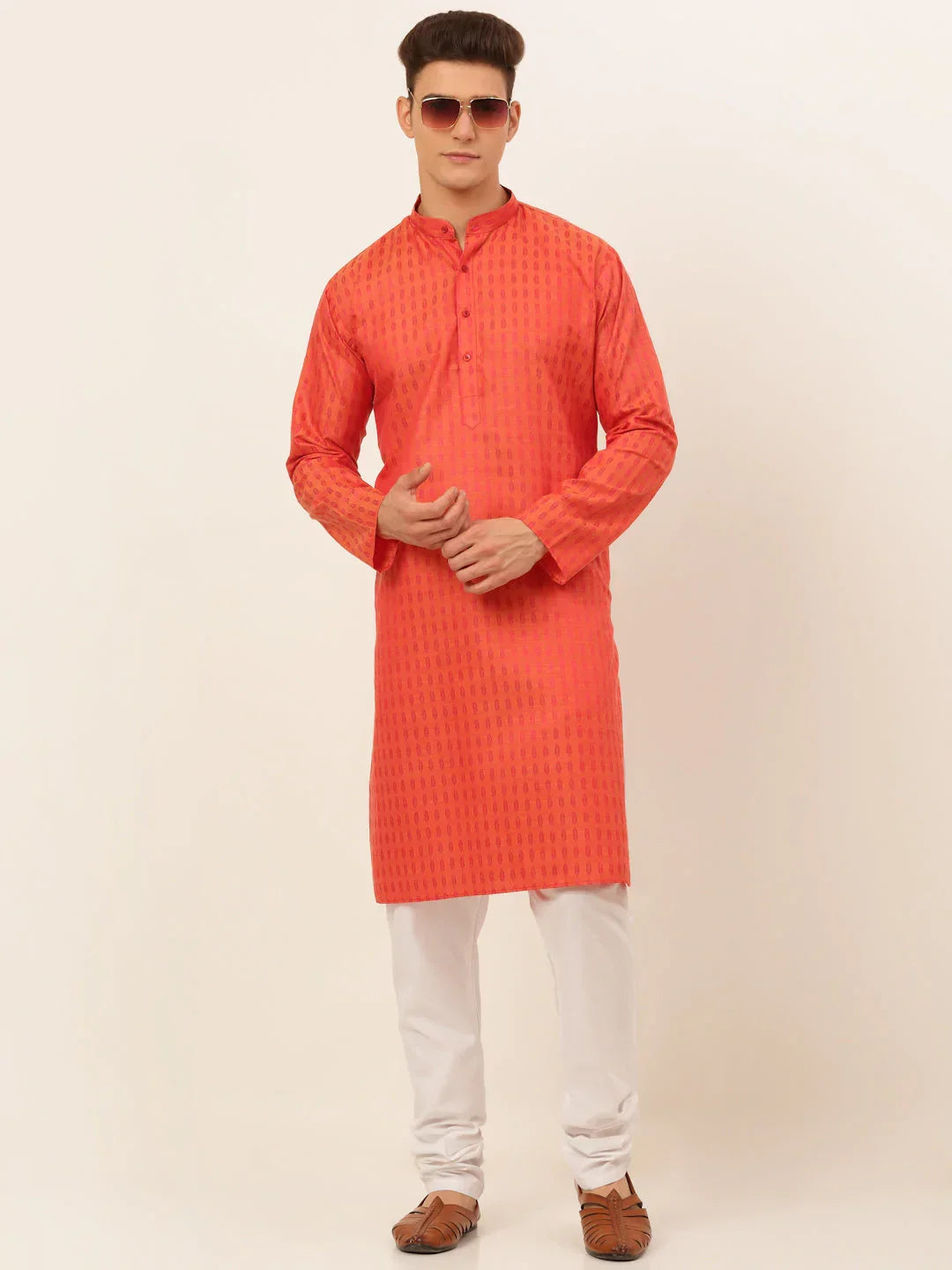 Jompers Men's Red Woven Design Kurta Pajama | Grocsy
