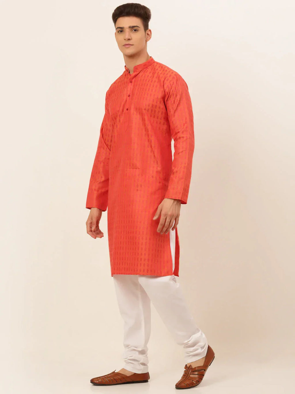 Jompers Men's Red Woven Design Kurta Pajama | Grocsy