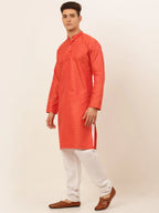 Jompers Men's Red Woven Design Kurta Pajama | Grocsy