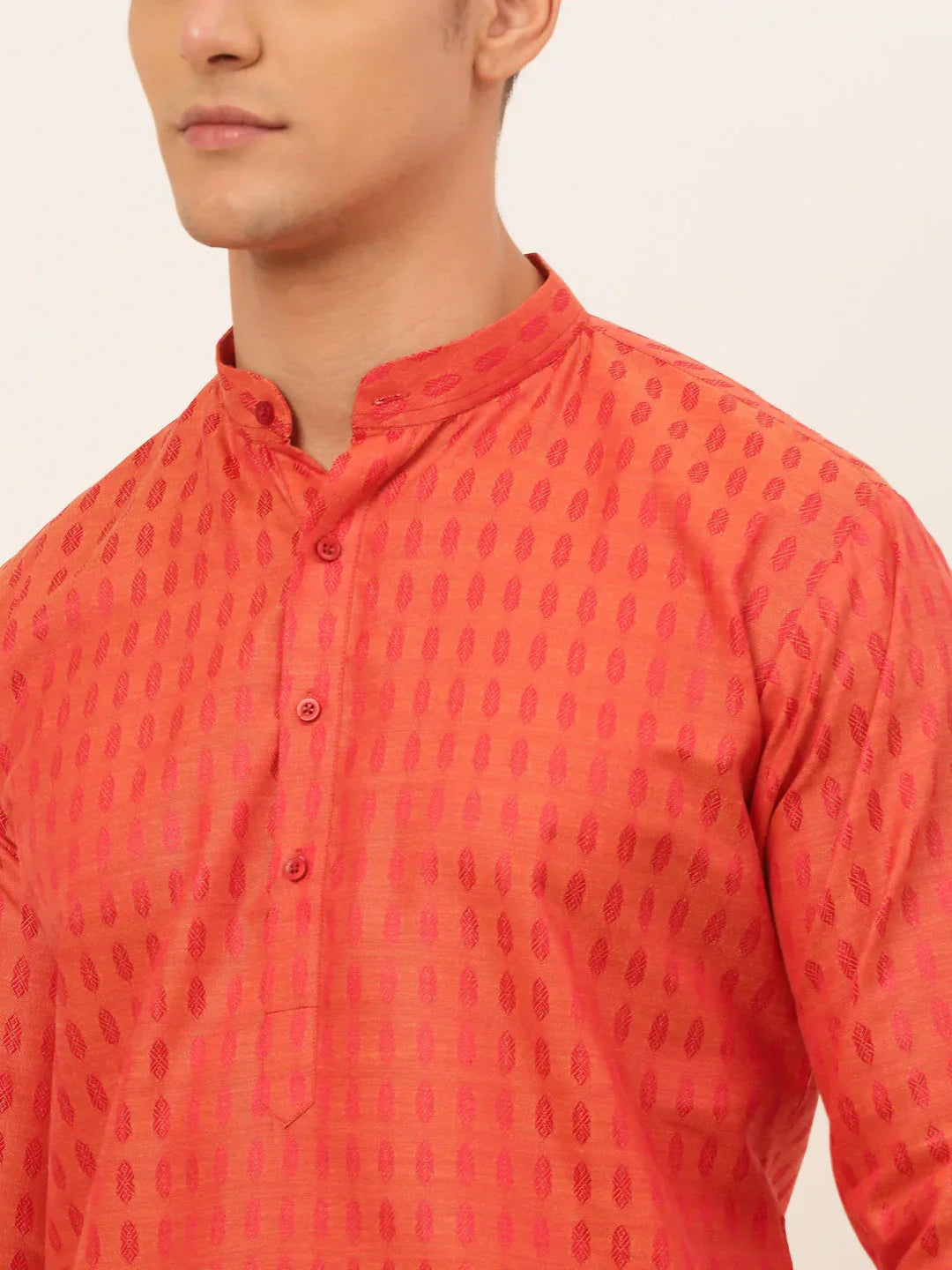 Jompers Men's Red Woven Design Kurta Pajama | Grocsy