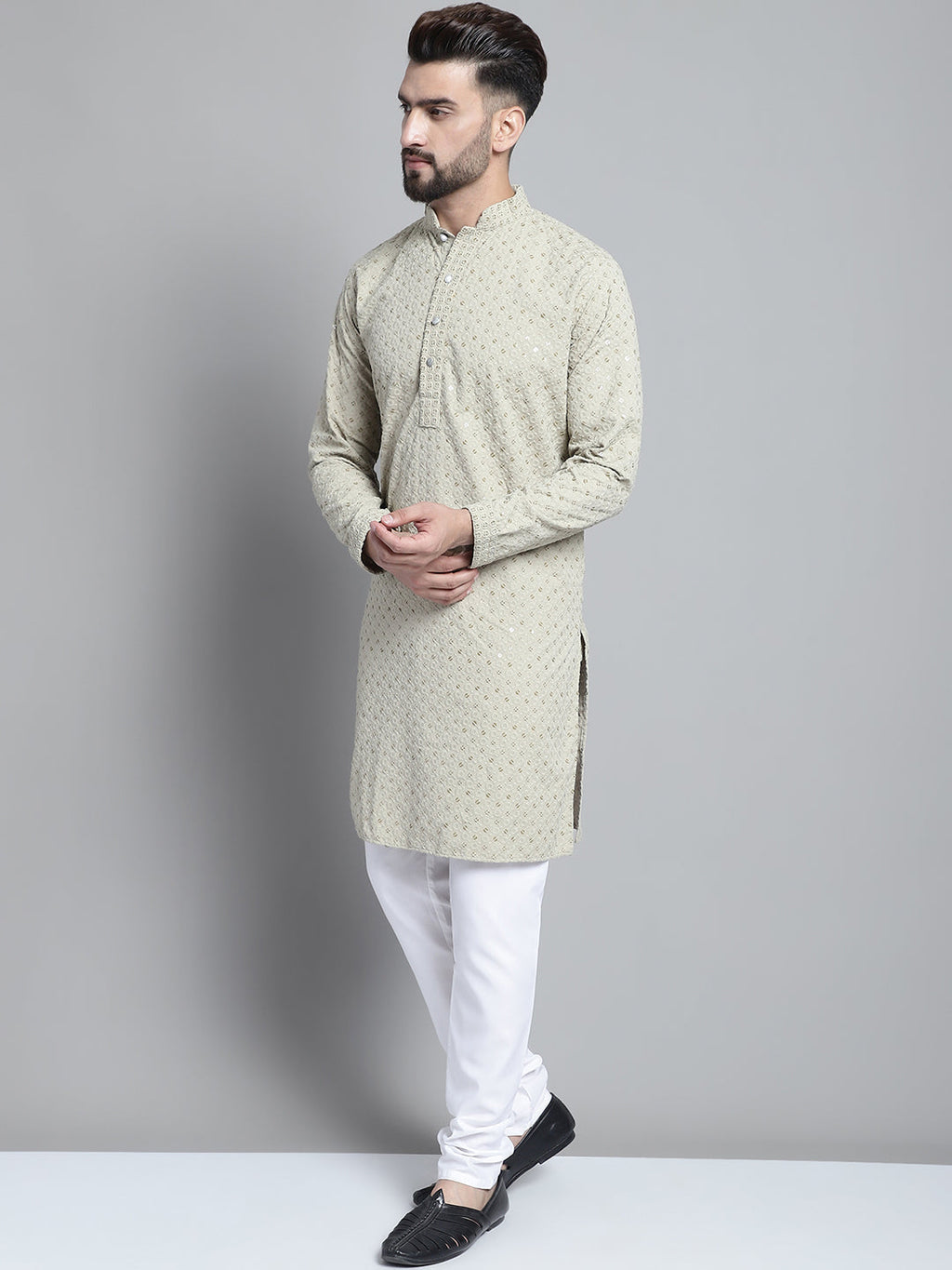 Jompers Men's Beige Chikankari Embroidered and Sequence Kurta with Churidar | Grocsy